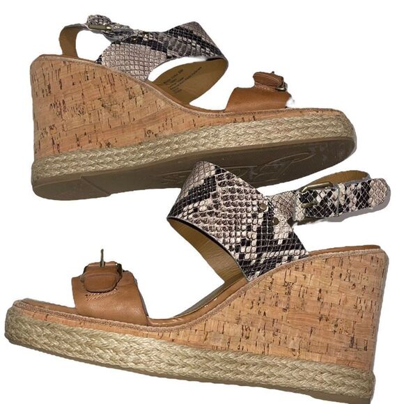 G.H. Bass & Co. Tyra Snakeskin & Camel Tan Leather Cork Wedges - Size 9 - Picture 5 of 7